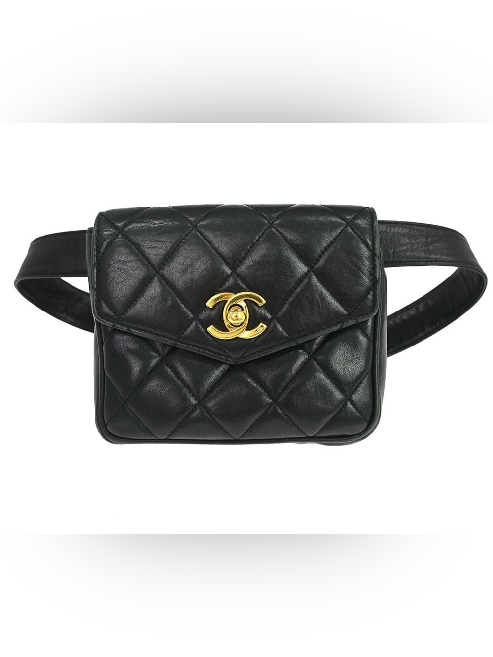 Authentic CHANEL 1991 black lambskin vintage mini belt bum bag waist 70cm
